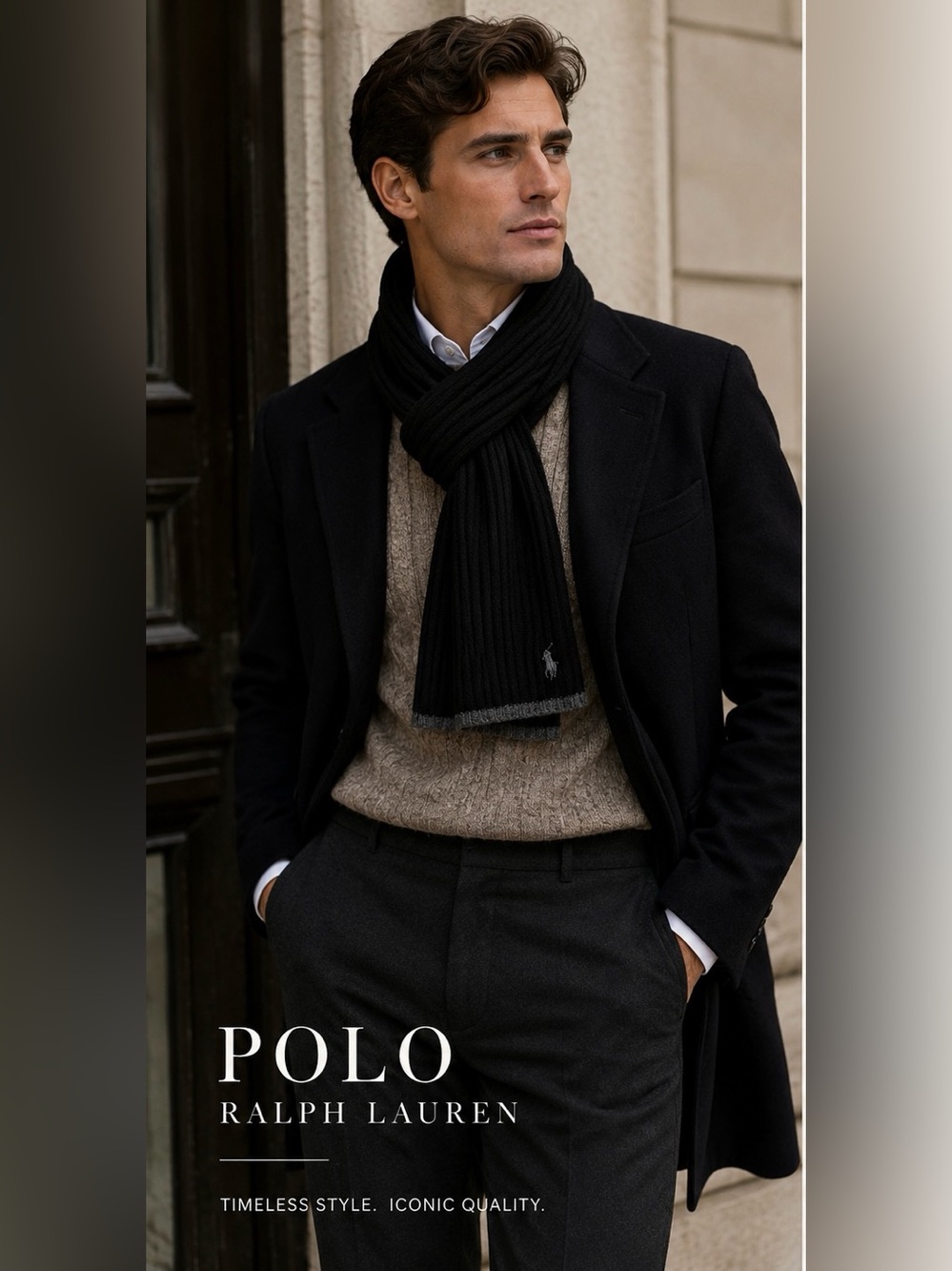 Polo Ralph Lauren Rib Knit Wool Blend Scarf Black Gray Pony Logo NWT
